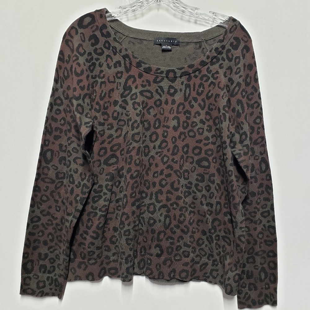 Sanctuary Spot On Popover Dark Leo Camo Sweater Size L Brown Green Black